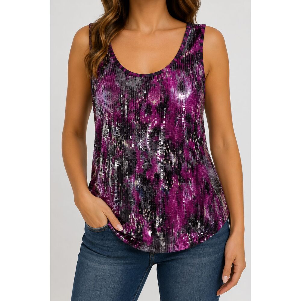 Elliott Lauren Size XL Purple Abstract Sleeveless Sequin Tank Top Women’s Blouse
